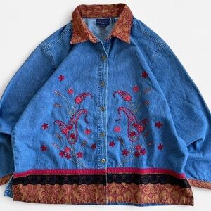Vintage CST Blues Embellished Denim Jacket Red Floral Embroidery Lace Detail